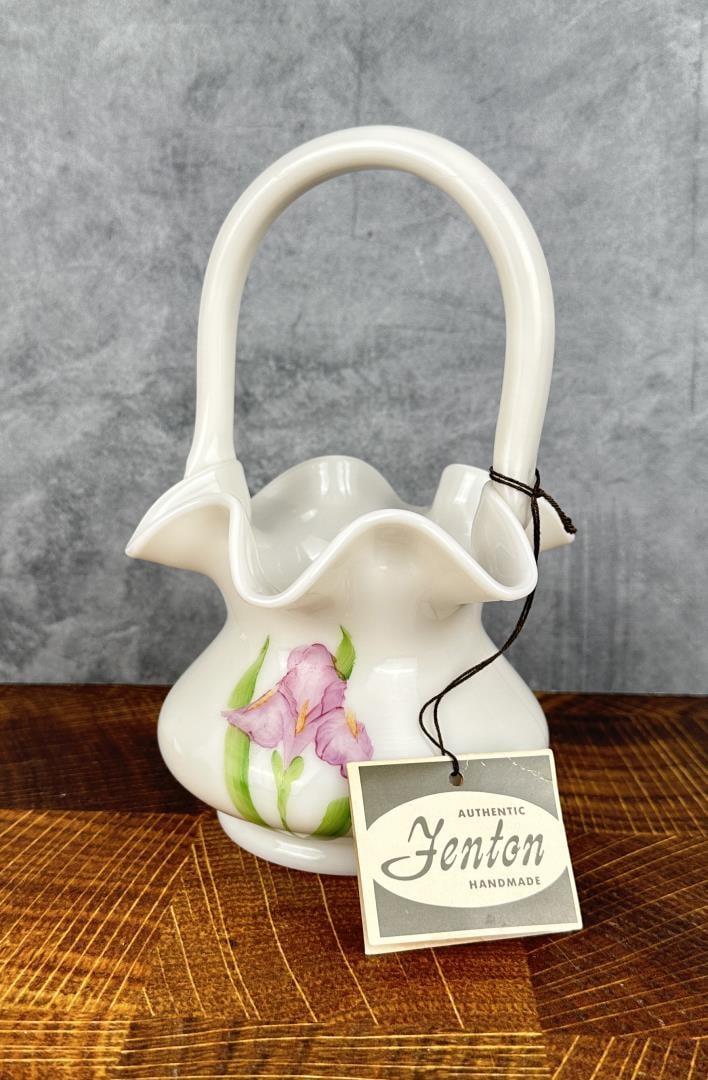 Fenton Glass Hand Painted Milk Glass Basket (1 of 4)