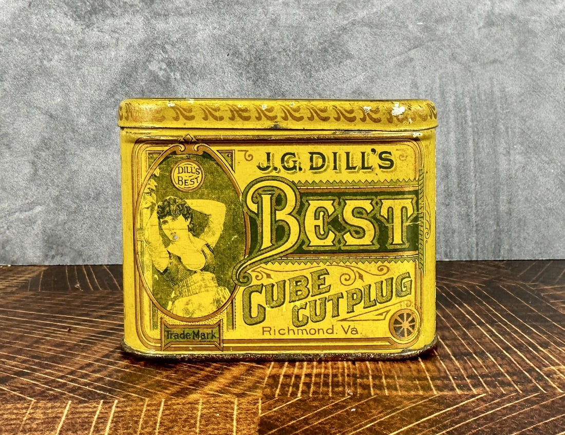 J.G. Dill's Best Cube Cut Plug Pocket Tobacco Tin: Fairly difficult to find tin.