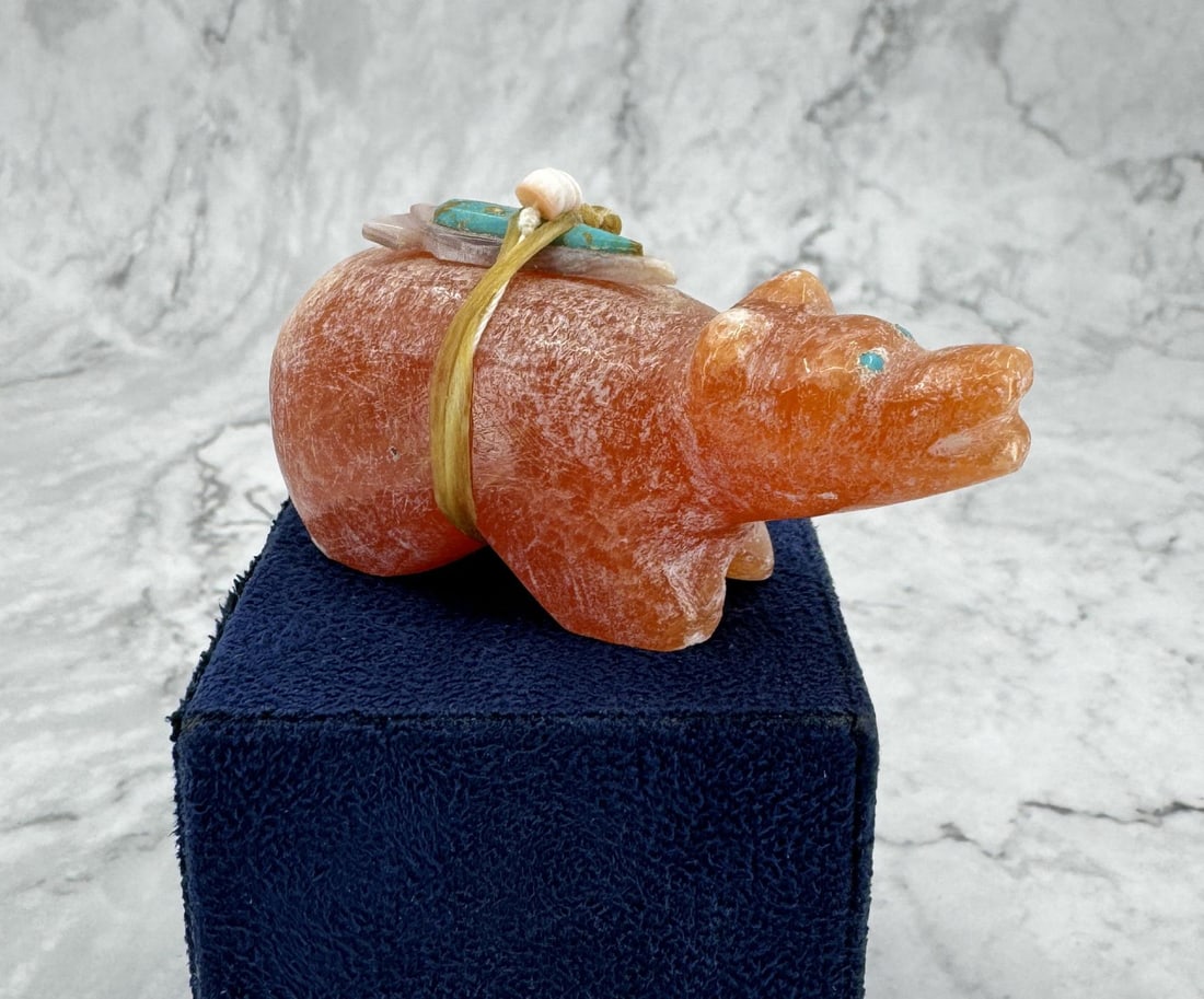 Zuni Orange Alabaster Bear Fetish: 2 1/2" by 1 3/8" by 1".