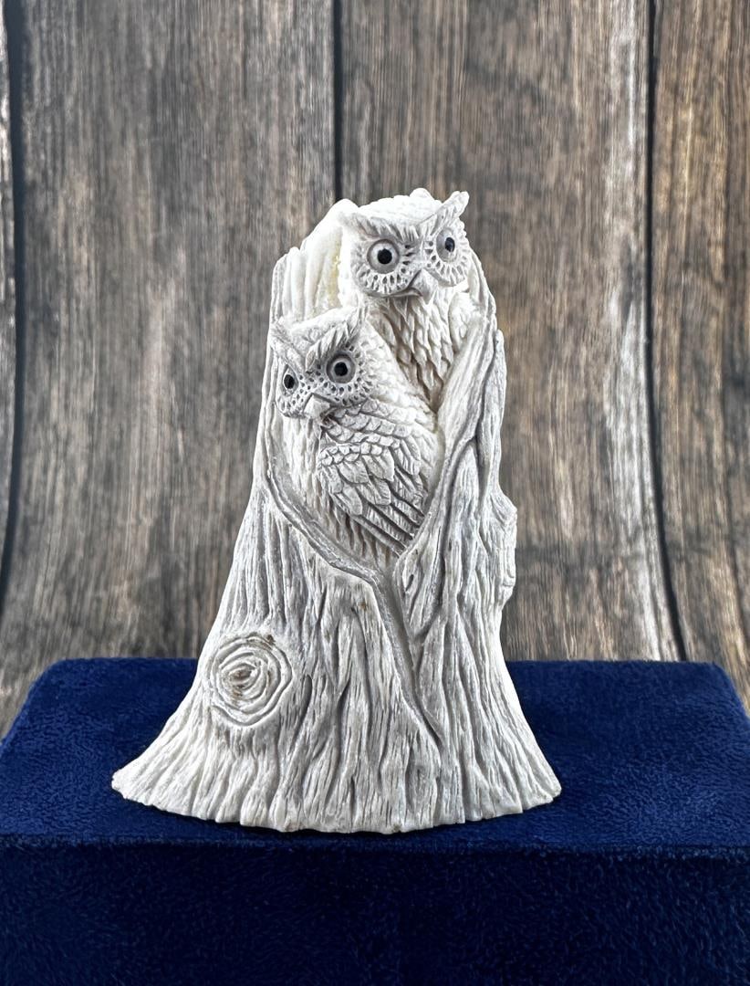 Zuni Owls in Tree Antler Fetish Carving: 2 3/4" by 1 7/8" by 1 1/4".