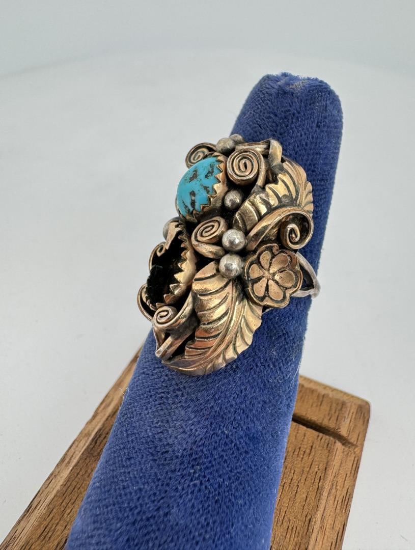 Navajo Sterling Silver Gold Filled Turquoise Ring: Missing a stone. Size 5 1/4