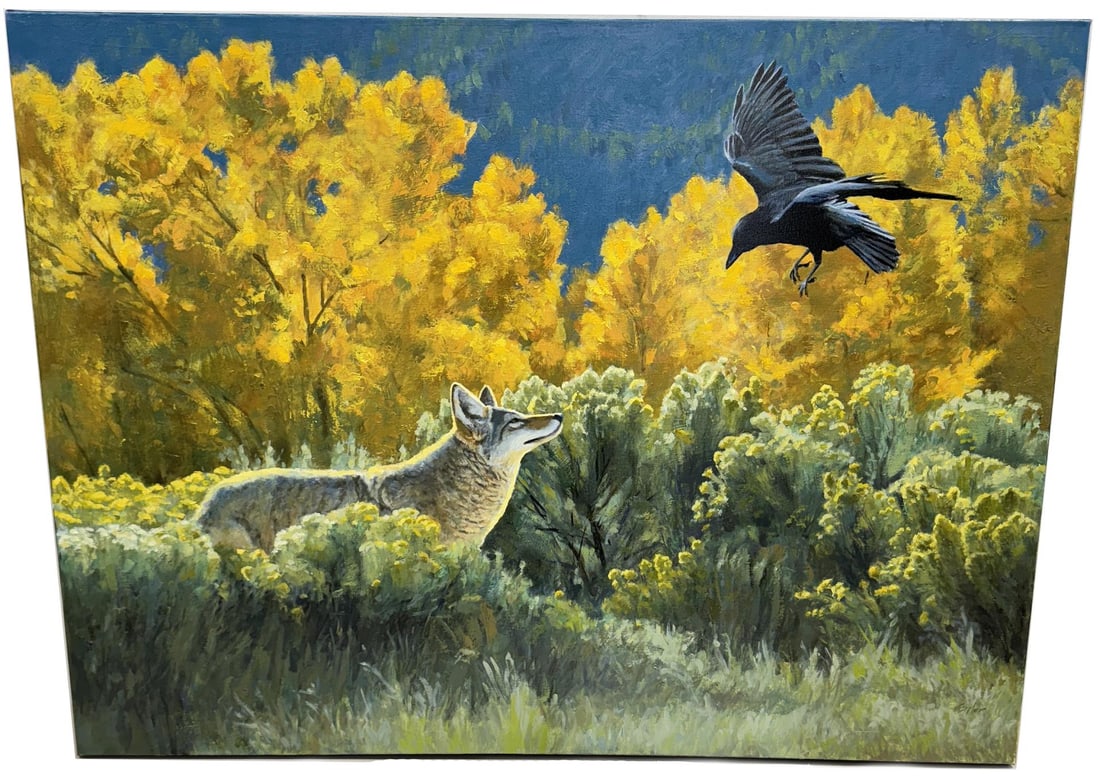 Jim Eppler Coyote and Raven Oil Painting: Title is Coyote & Raven. Widely regarded as the artist's masterwork. 30" by 40". Jim Eppler (Born 1950) is active/lives in Texas, California. Jim Eppler is known for Wildlife painter-birds and sculpto