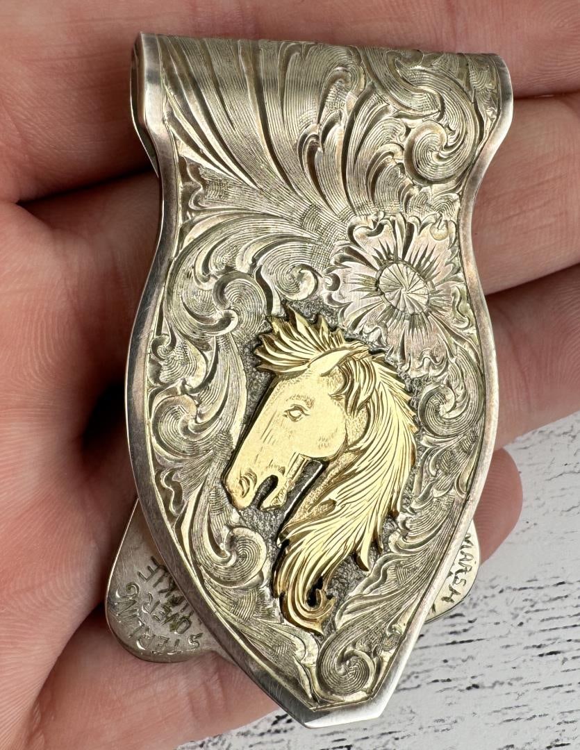 Ernie Marsh Sterling Silver Cowboy Money Clip: 1 1/2" by 2 1/2". Handmade by famous Spur Maker Ernie Marsh. 14k Gold and Sterling Silver.