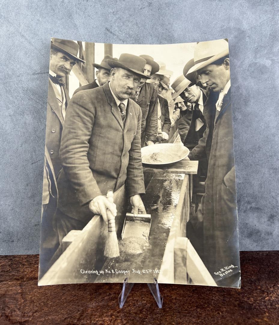 Aldace Ashley Gold Miner Photo Alaska: Cleaning up No. 8 Cooper Aug 25th 1907. Photo is showing the cleanup from the No 8 Good Dredge on Cooper Gulch in Alaska. 7 3/8" by 9 1/2".