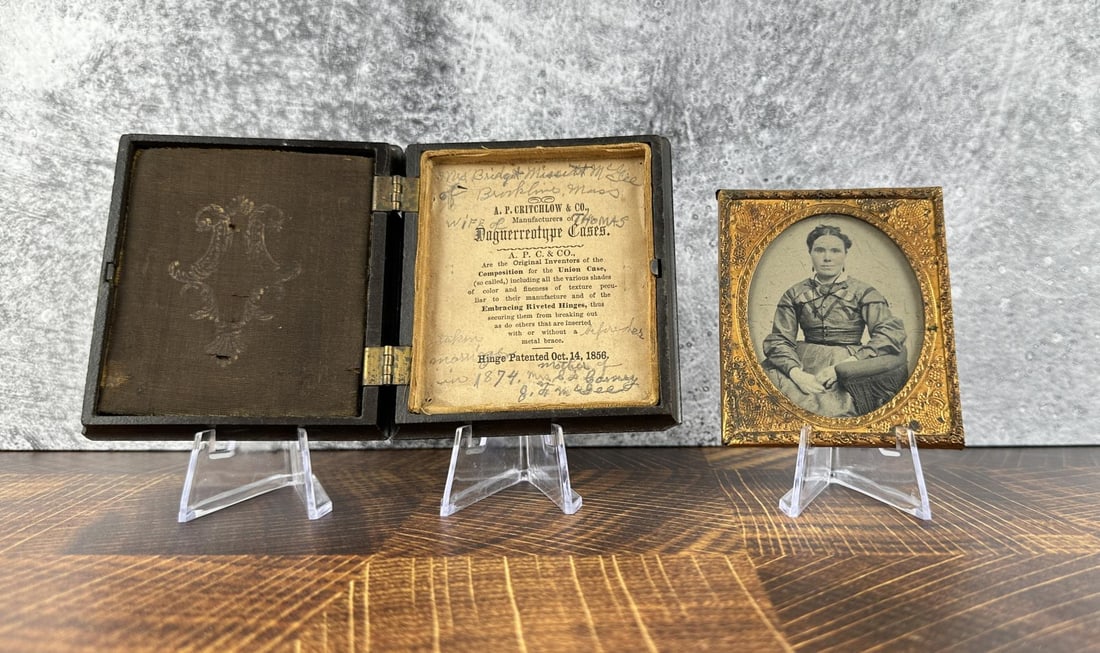 Bridget McGee Brookline Massachusetts Ambrotype: Nice early identified image. 3 1/2" by 3 7/8" in case.