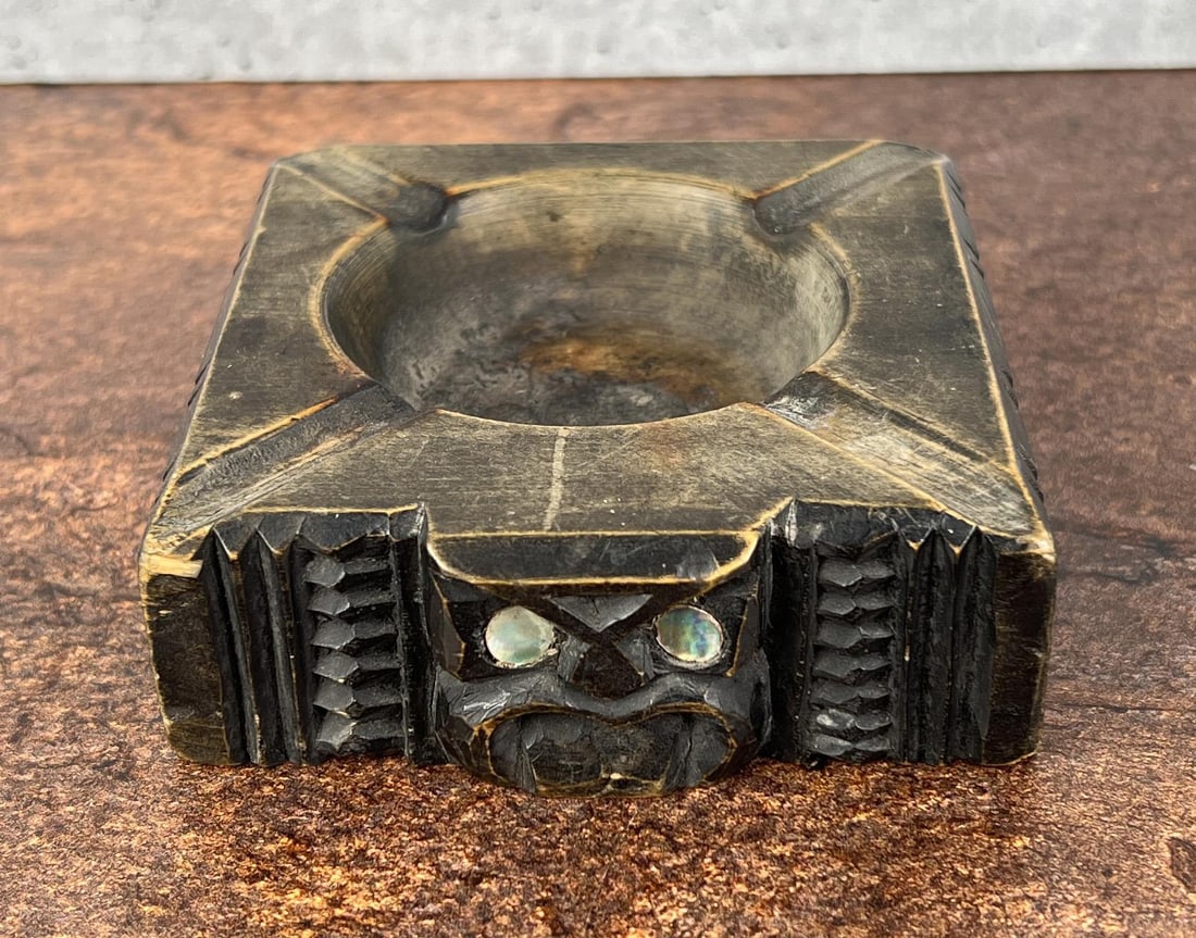 Carved Wood Maori Tiki Ashtray: 4 1/8" by 3 3/4" by 1 3/8".