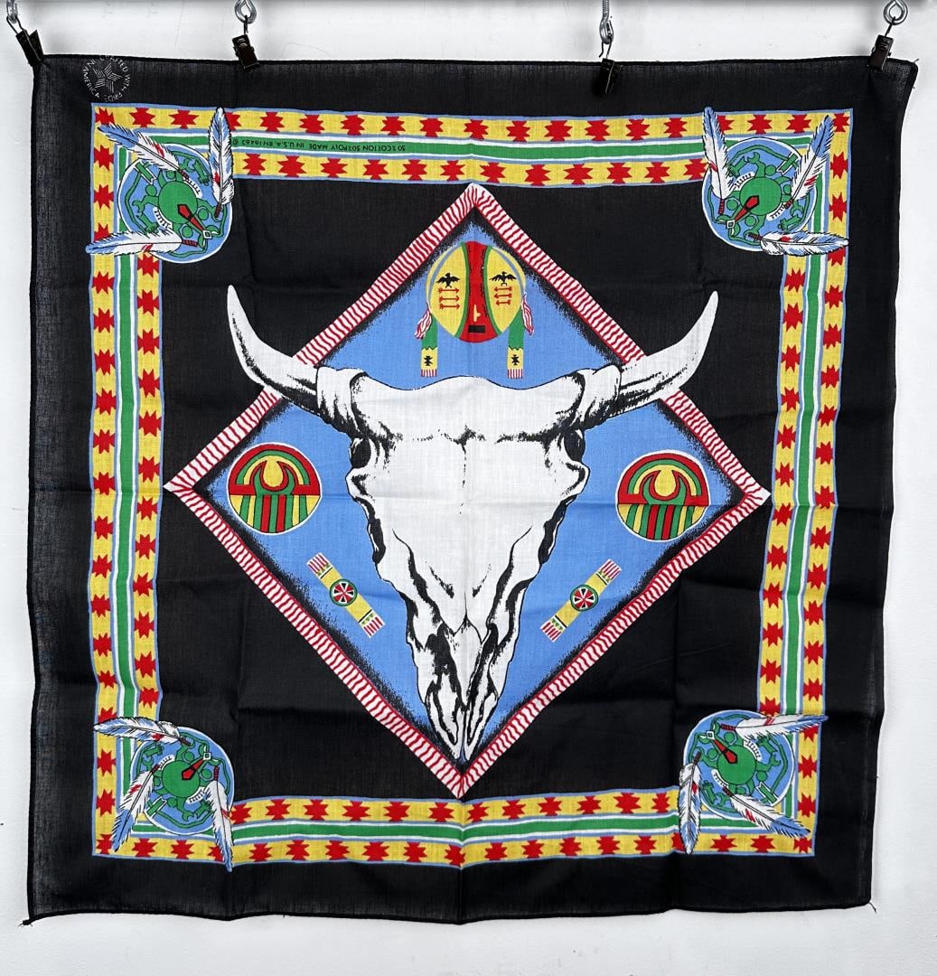 Vintage Buffalo Skull Bandana Handkerchief: 21 1/2" by 22 1/4".