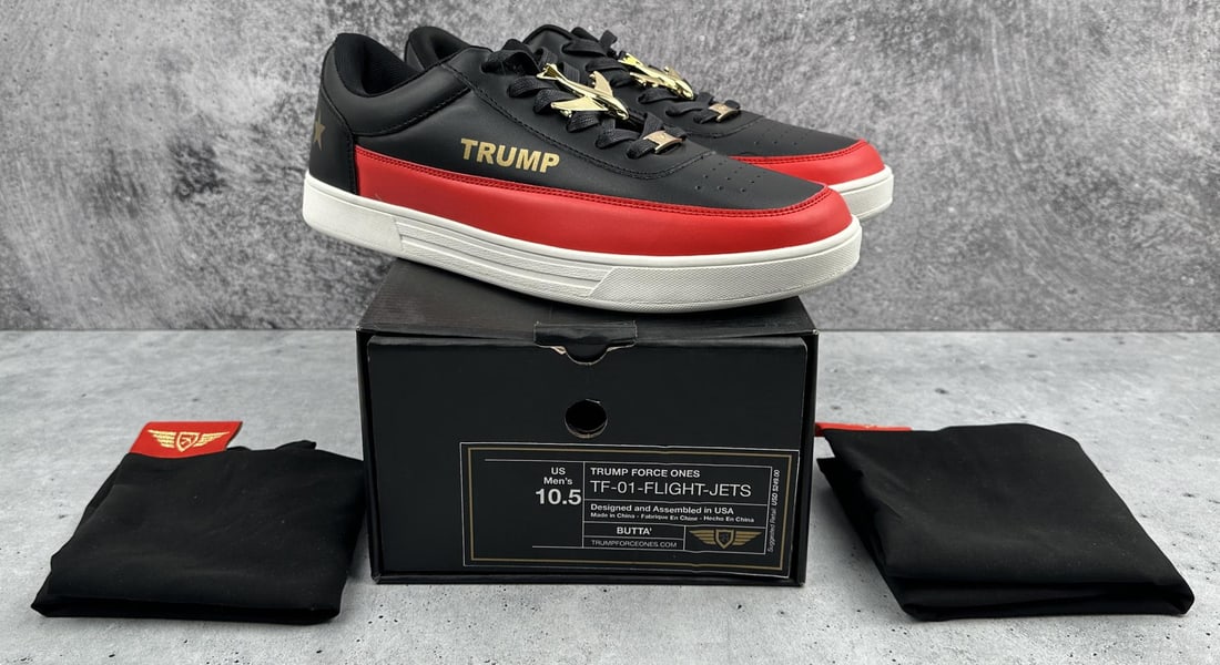 Trump Force Ones Sneakers with Jets: Size on the box is 10.5 Mens. No size tag in shoe. New in box.