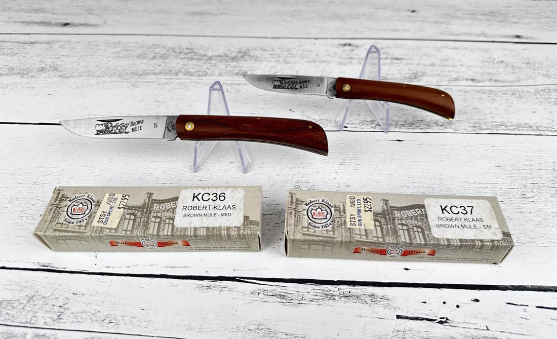 Robert Klaas Brown Mule Pocket Knives: KC37, KC36. New in box.