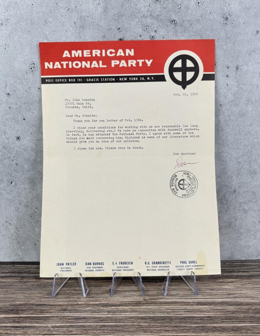 American National Party Letter Schmitz Dan Burros: Letter pertains to the trade in Photos. Signed by Dan Burros. John George Schmitz (August 12, 1930 ? January 10, 2001) was a Republican member of the United States House of Representatives and Califor