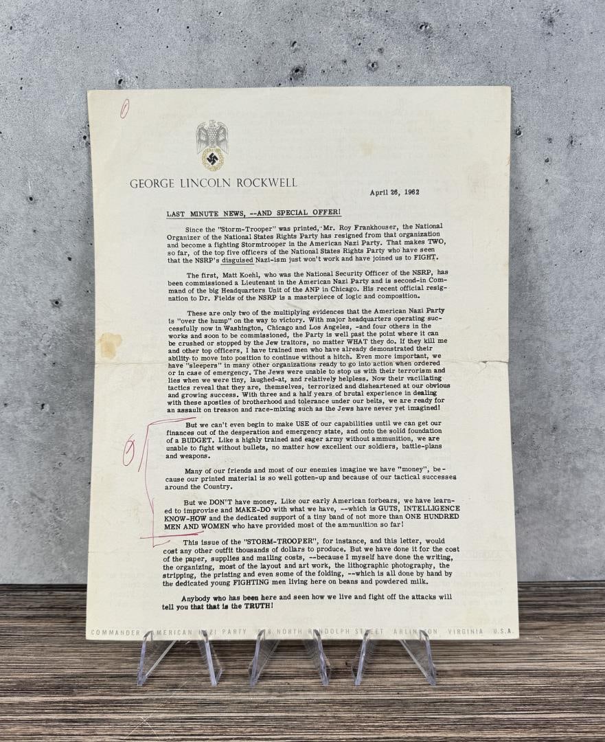 George Lincoln Rockwell ANP Support Letter: George Lincoln Rockwell was an American fascist activist and founder of the American Nazi Party. He later became a major figure in the Neo-Nazi movement in the United States, and his beliefs, strategi