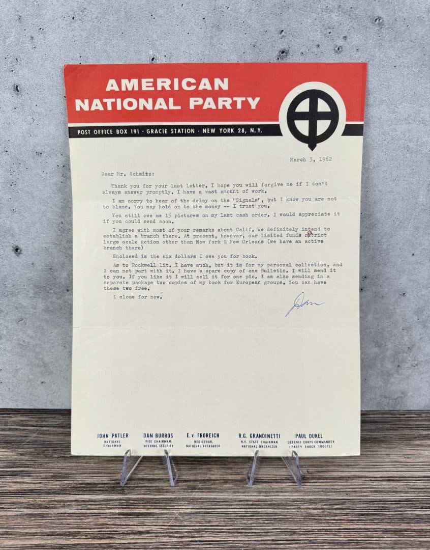 American National Party Letter Schmitz Dan Burros: Letter pertains to the trade in Photos. Signed by Dan Burros. John George Schmitz (August 12, 1930 ? January 10, 2001) was a Republican member of the United States House of Representatives and Califor