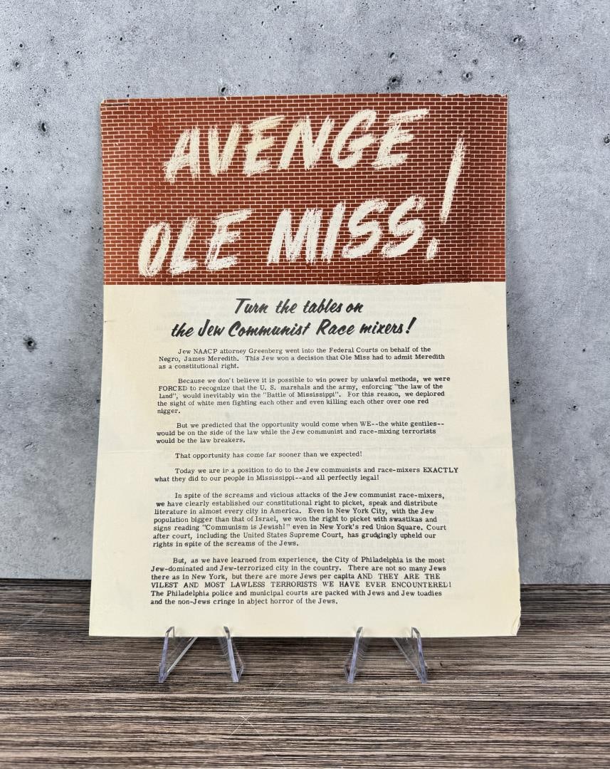George Lincoln Rockwell Avenge Ole Miss Leaflet: Turn the tables on the Jew Communist Race Mixers. Second page is covered in fingerprints probably from members of the ANP while manufacturing and printing the document.