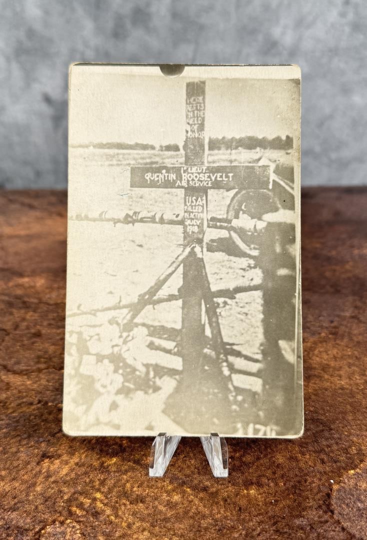 WWI WW1 Quentin Roosevelt Grave Postcard: Quentin Roosevelt (1897 - July 1918) was the son of President Theodore Roosevelt. As a WW1 fighter pilot in the USAAS 1 Pursuit 95th Aero squadron he was killed in aerial combat after engaging at leas