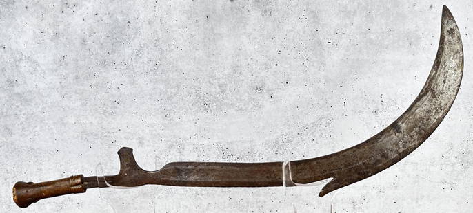 Congolese African Congo Sickle Knife Sword: Very nice antique piece. Was part of museum display at some point as shown by the backing. 24 1/8" long.