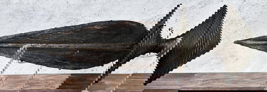 Congolese African Congo Currency Knife Dagger: Very nice antique piece. Was part of museum display at some point as shown by the backing. 15 5/8" long.