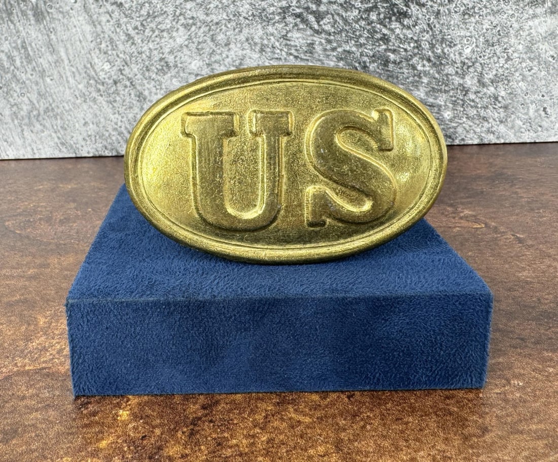 Reproduction Civil War US Army Belt Buckle: 3 1/4" long, 2" wide.