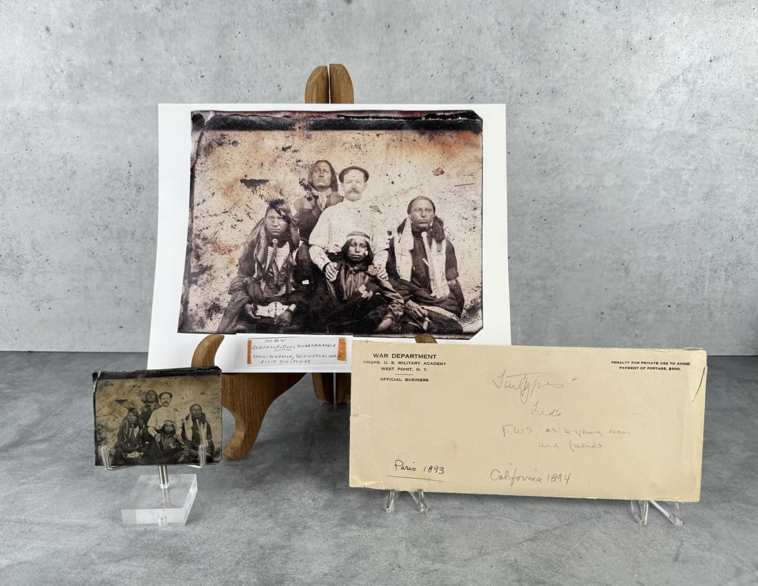 Tintype Photo Native American Chief Goes To War: Photo is of Chief Goes to War and his Sons Chief Hollow Horn Bear and John Hollow Horn Bear, his daughter, and William A. Mercer Captain of the Seventh Cavalry (Manager of the Indian Congress, and Lat