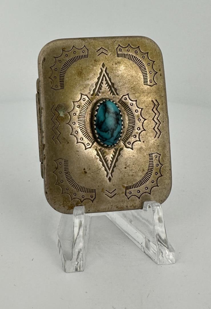 Navajo Sterling Silver Turquoise Pill Box: 16.89 grams. 1 1/2" by 1 3/4".