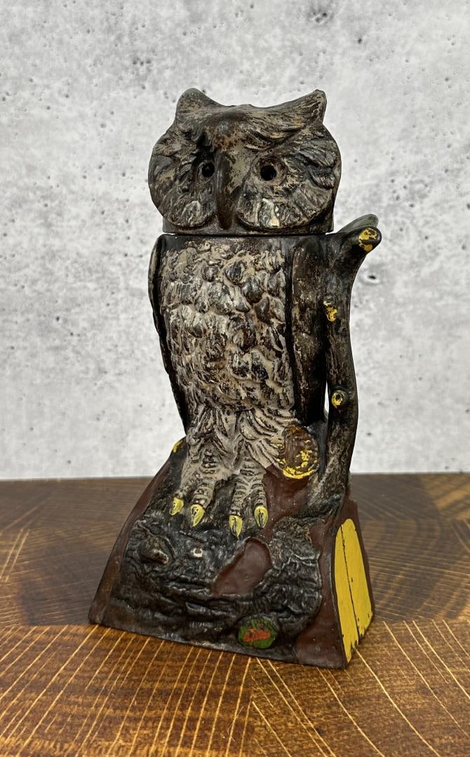 J&E Stevens Cast Iron Mechanical White Owl Bank: Rare White Paint Variant. Missing Eyes and Coin Trap. Original Paint. 7 1/2" tall. Working.