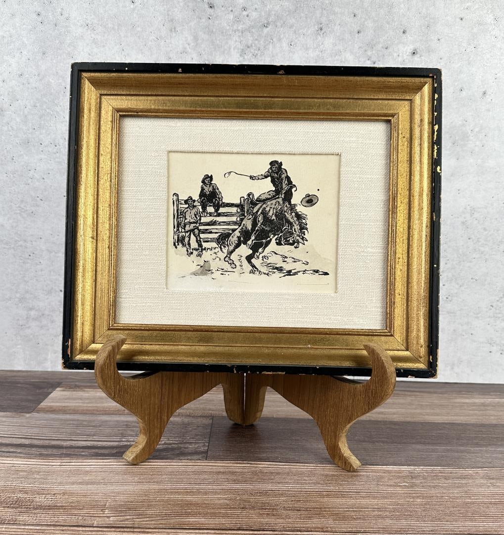 Will James Cowboy Bucking Bronco Painting: Watercolor and Pen on Paper. 9 5/8" by 11 5/8" framed. Provenance Tootie Myhre Bigfork Montana Estate. Carol Tootie Myhre grew up in Olympia, WA where she became an excellent golfer, a sport she conti