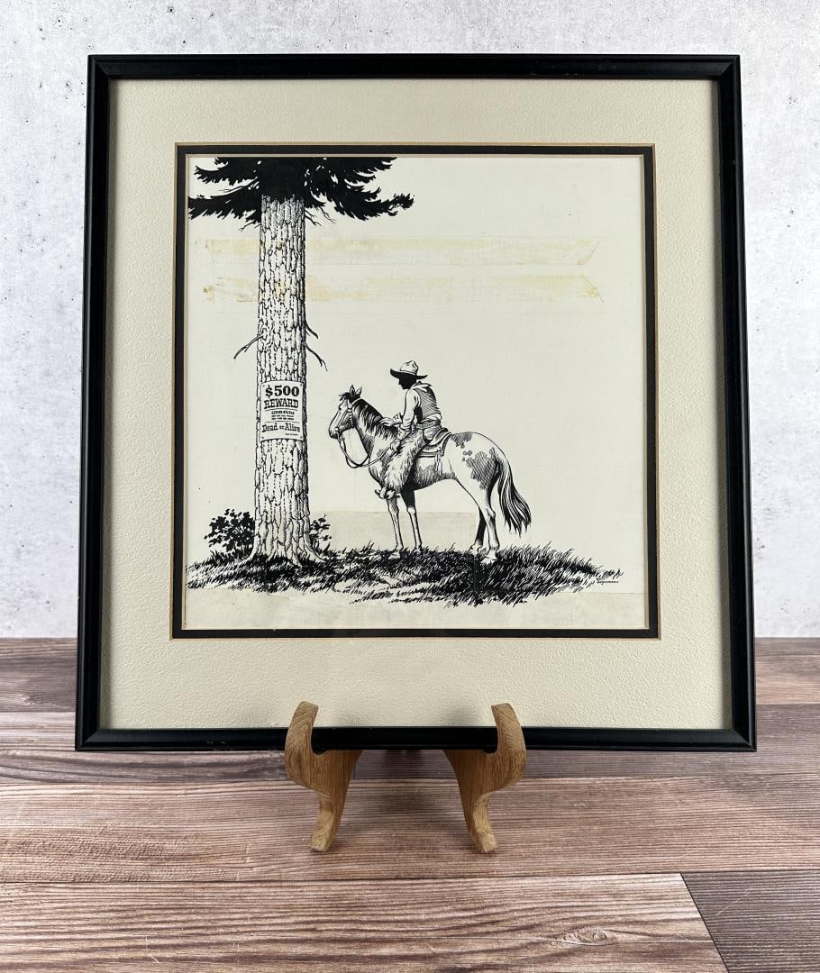 John Segesman Montana Cowboy Pen and Ink Drawing: 15 3/4" by 16 3/4" framed. John F. Segesman (1899 - 1985) was active/lived in Washington, Montana. John Segesman is known for Wildlife painting, illustration. Specializing in wildlife painting, Segesm