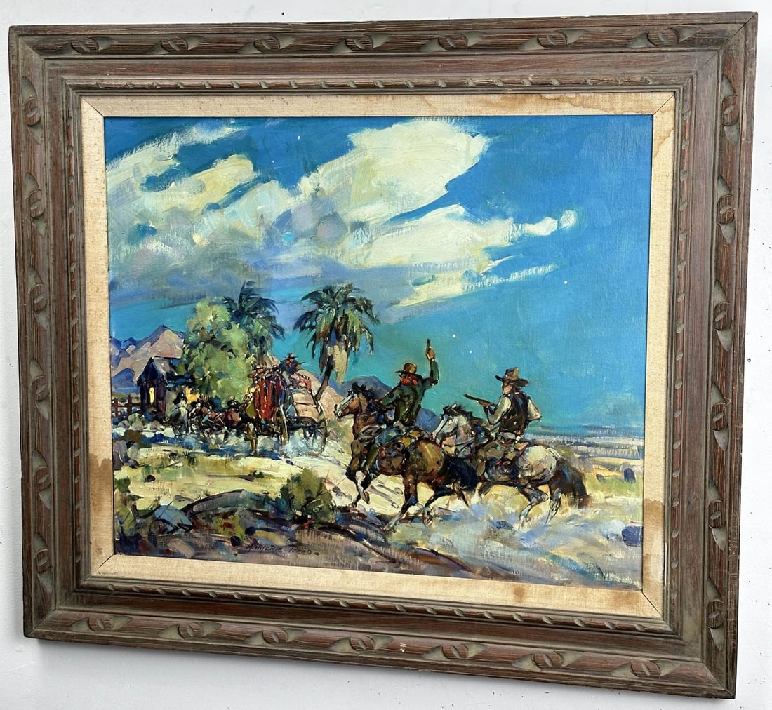 Marjorie Jane Reed Cowboy Oil Painting: Oil on Board. Title is Frustrated Hold Up at Dos Palmas Station. 20" by 24" unframed. 27" by 31" framed. Board has water damage and warping. It needs to be steamed and laid flat. Marjorie Jane Reed (1