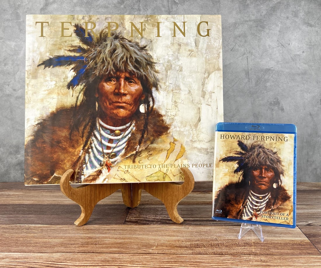 Howard Terpning Drawing Giclee Book and Blu-ray: Set Book has an original drawing inside 3" by 7". Traders Among the Crow Giclee print is Signed and Numbered, and measures 35" by 50". Comes with DVD Blue Ray, Howard Terpning: Portrait of a Storytell