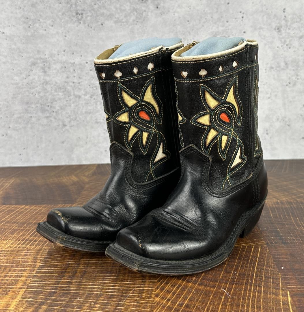 Antique Acme Maverick Childs Inlaid Cowboy Boots: 7" tall, 6 7/8" long, 3" wide.