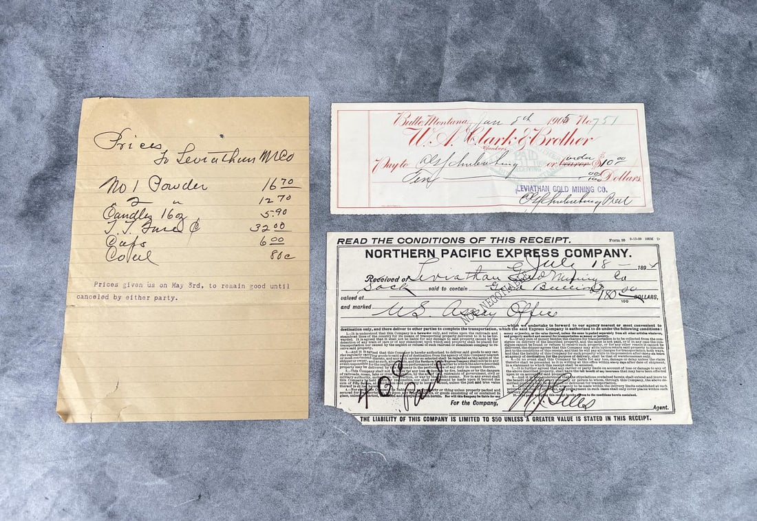 Leviathan Gold Mining Ephemera: Three pieces of early Montana mining history.