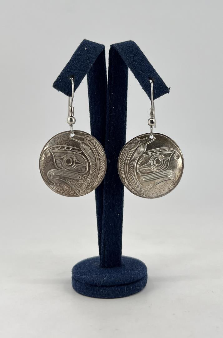 Northwest Coast Haida Indian Sterling Earrings: 1 1/2" long by 3/4" in diameter. Signed P.H. Sam. 5.07 grams.