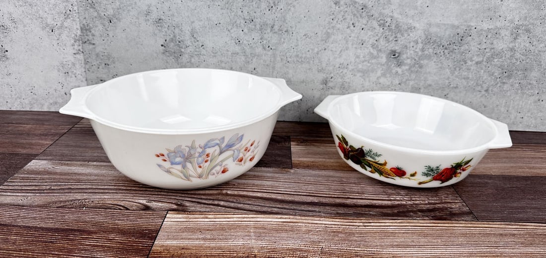 Pyrex England Casserole Dishes: Blue Iris & Market Garden patterns. No lids. Blue Iris is 8 3/4" in diameter.