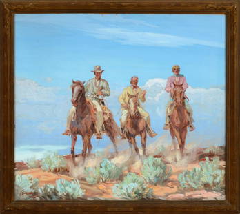 Carl Oscar Borg Gouache Arizona Cowboy Painting: Title is Riders of the Painted Desert. Gouache on paper. Measures 30" by 34" unframed, 35" by 39" framed. Signed and titled on the reverse. Great old label on the back. Small scratches in the paint in