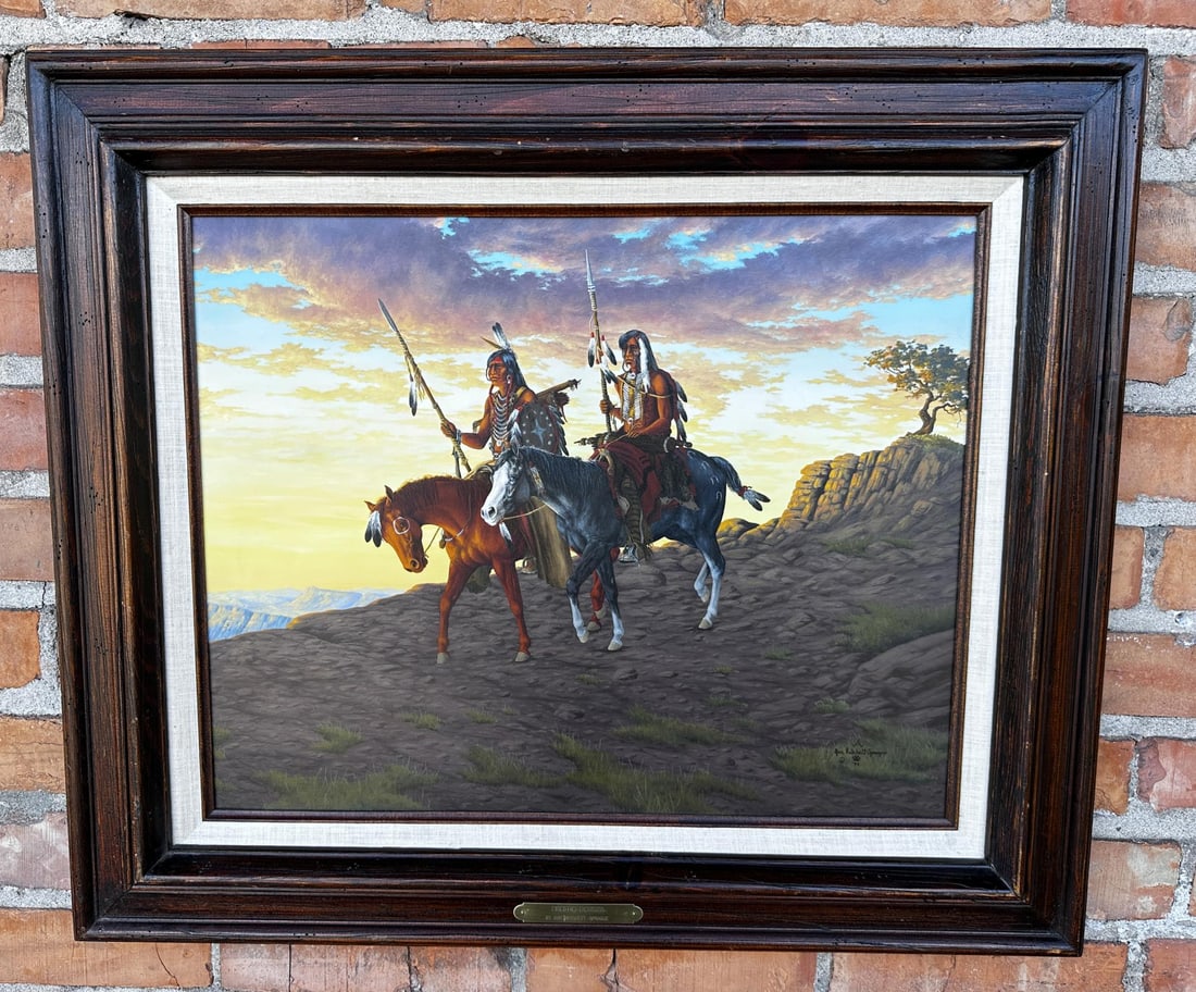 Ann Hatchett Sprague Indian Oil Painting: Title is Border Patrol. Oil on Board. 16" by 20" unframed. 23 1/2" by 27 1/2" framed.