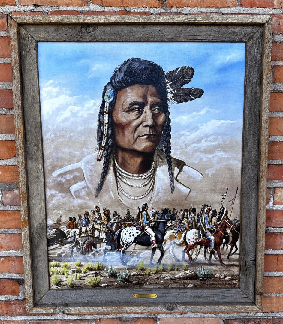 Cameron Blagg Oil on Canvas Painting: Title is Joseph of the Nez Perce. 29" by 35" framed. Cameron Blagg (20th/21st Century) was active/lived in United States. Cameron Blagg is known for Painting.