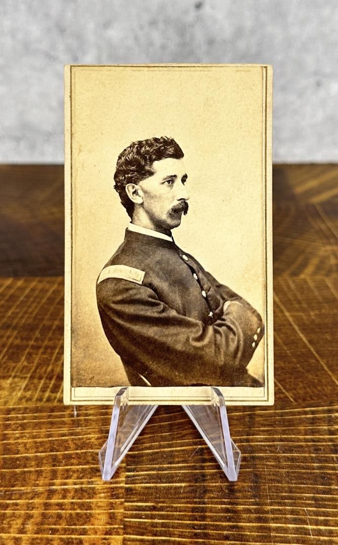 Identified Civil War Soldier CDV Photo NY: B. Moses New Orleans. Signed on reverse "Yours truly. Capt H.H. Sincerbox 128th Regt NY Vol." 4" by 2 1/2". Henry H Sincerbox enrolled in the regiment in 1862 in Hudson, NY. He was promoted to Captain