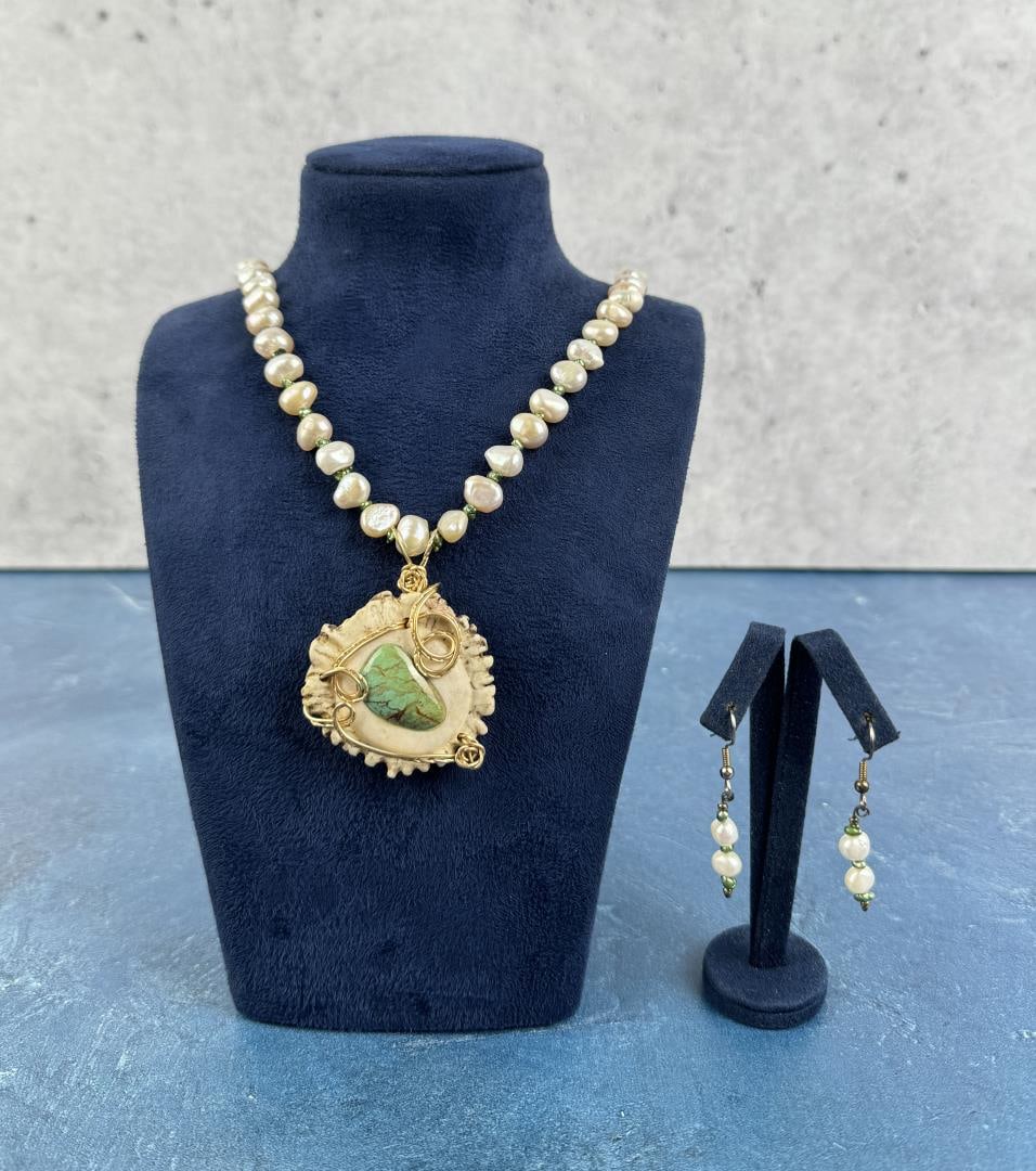 Antler Pearl & Turquoise Necklace Earring Set: Necklace measures 12 1/2" long and pendant is 1 3/4" in diameter. Earrings are 1 3/4" long.