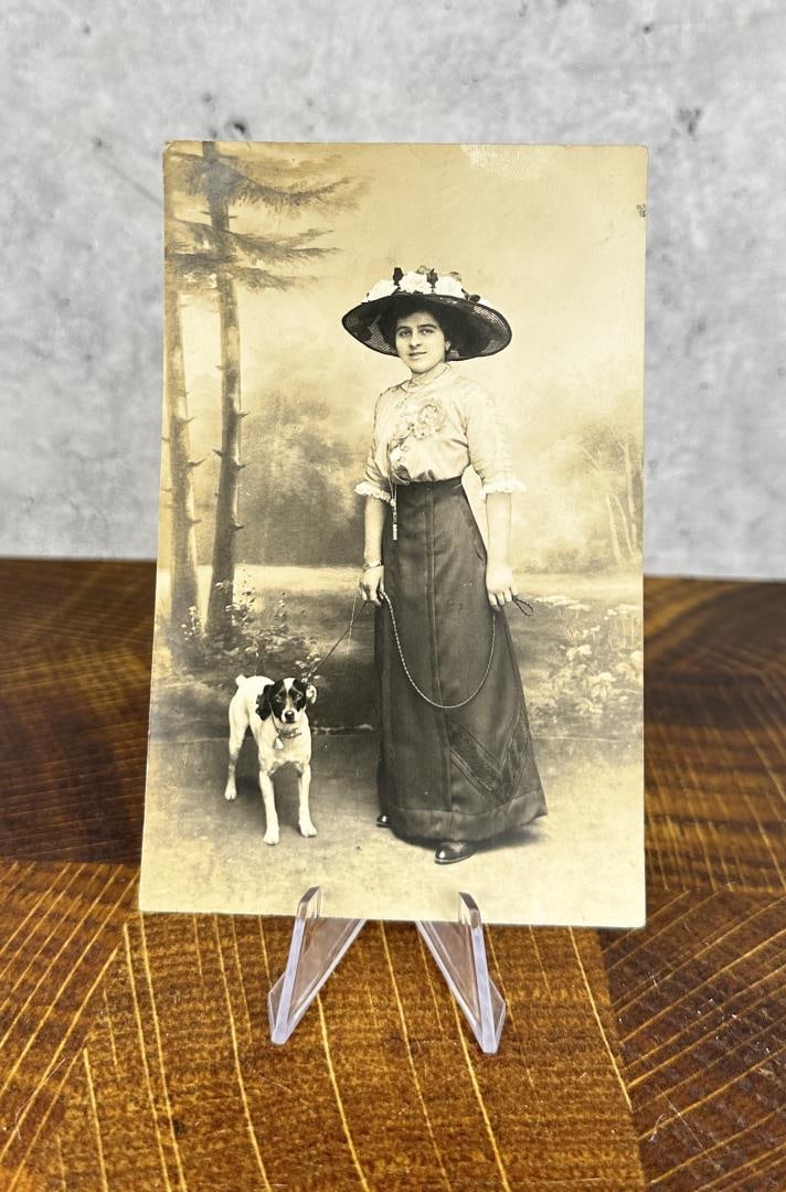 Lady & Dog French RPPC Photo Postcard: 5 1/2" by 3 1/2".
