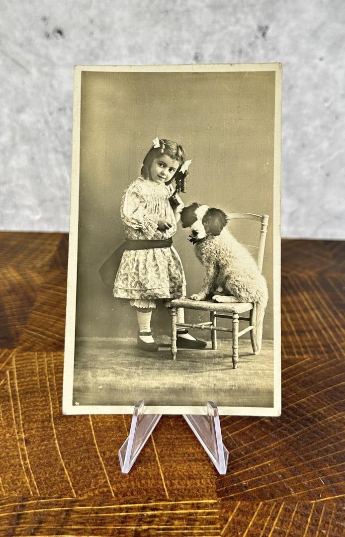 Little Girl & Puppy Dog RPPC Photo Postcard: 5 1/4" by 3 1/4".