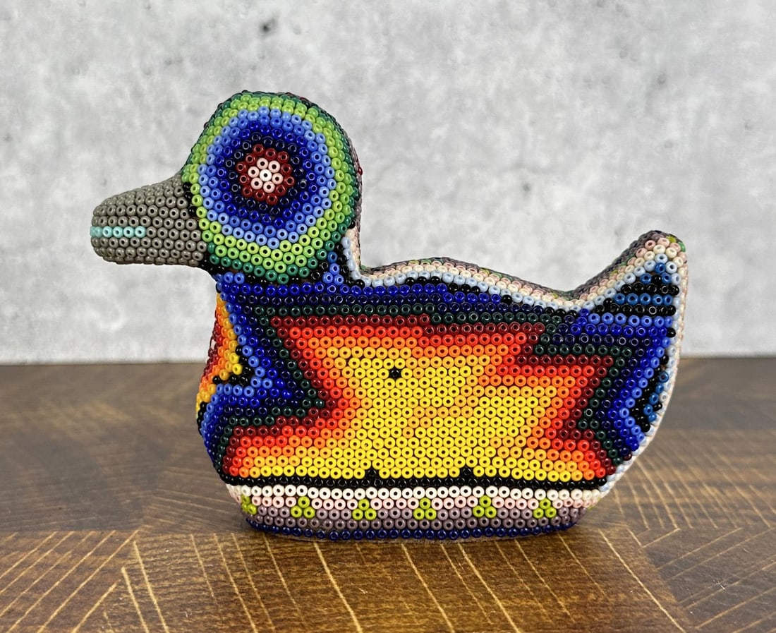 Huichol Mexico Beaded Wood Duck: 4 1/4" long by 3 1/4" tall by 1 1/4" wide.