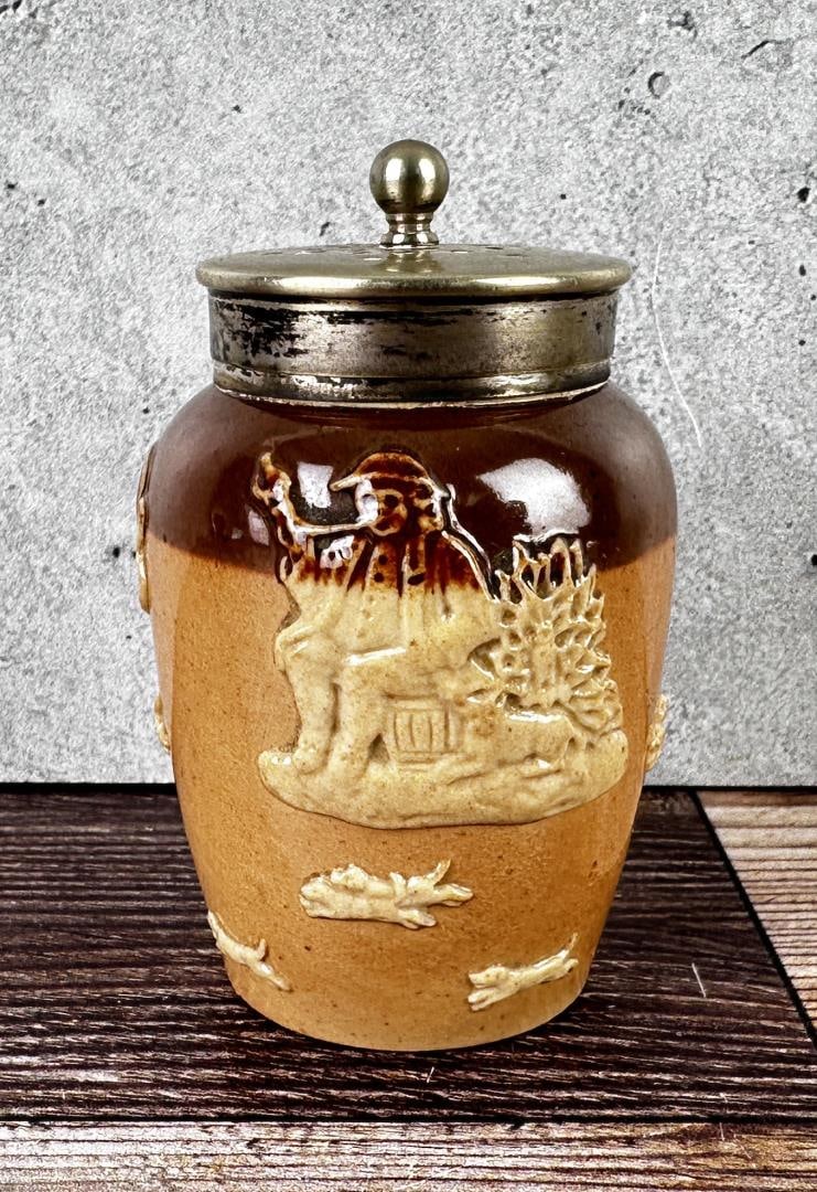 Doulton Lambeth Mustard Pot: 2 3/4" tall, 1 3/4" diameter.