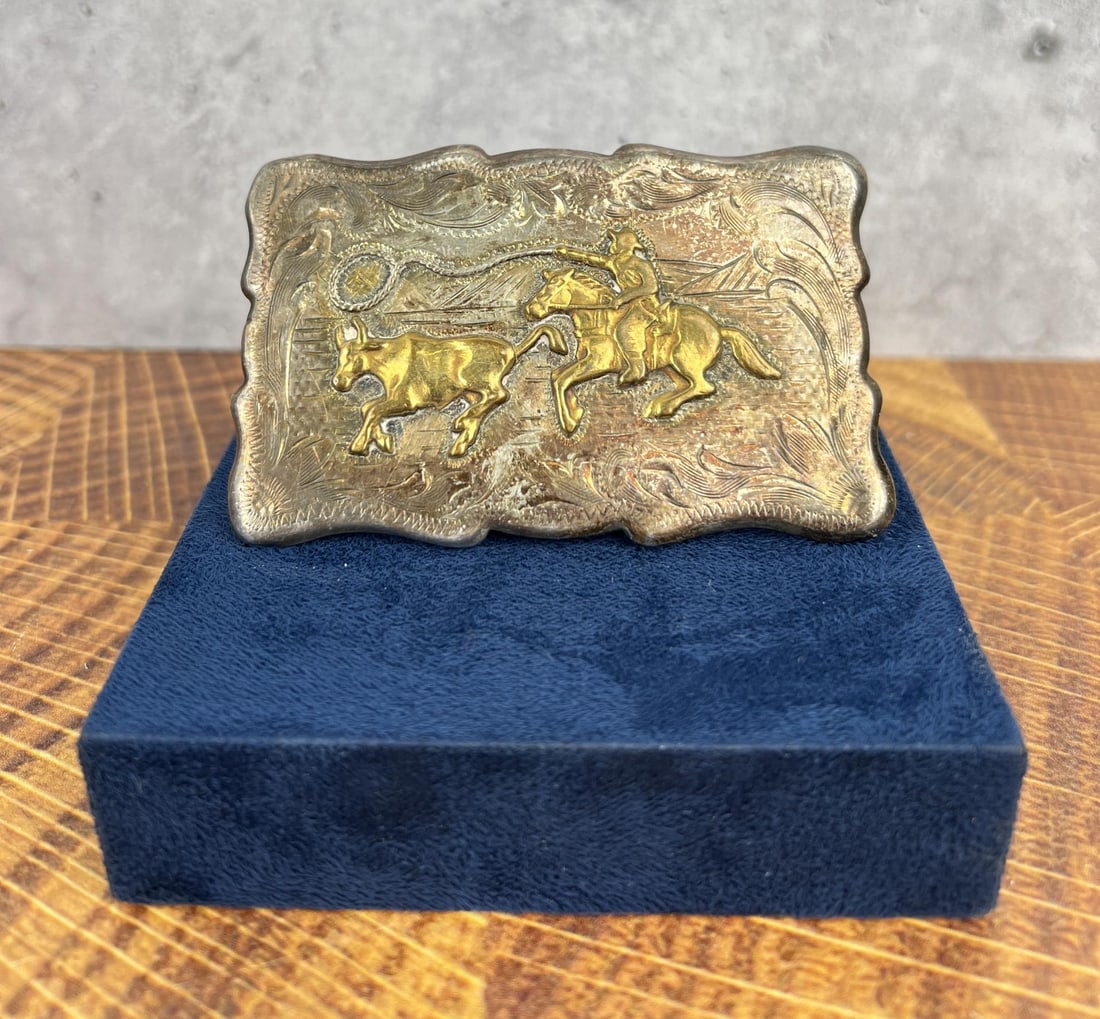 Montana Rodeo Steer Roping Sterling Belt Buckle (1 of 5)