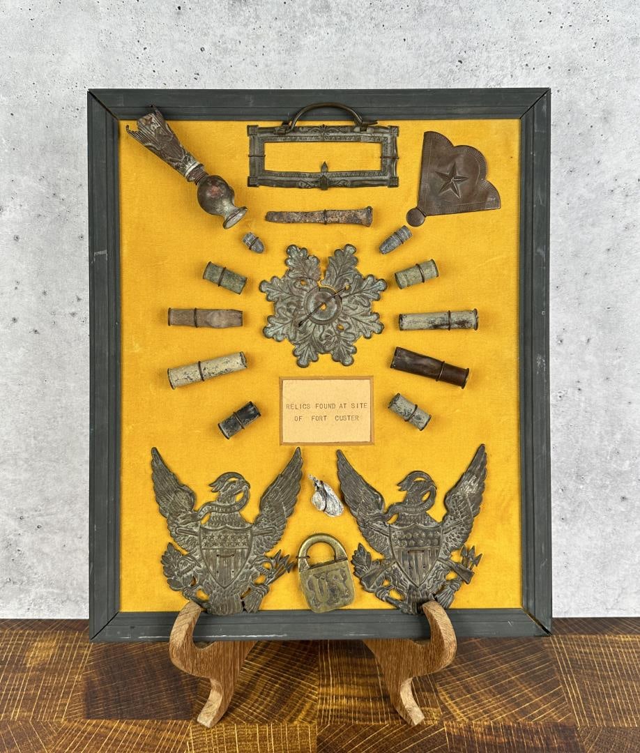 Montana Indian Wars Fort Custer Relic Board: 12 3/4" by 15" framed. Fort Custer was established during the Indian wars in the Department of Dakota by the U.S. Army to subjugate the Sioux, Cheyenne and Crow Indians near present-day Hardin, Montan