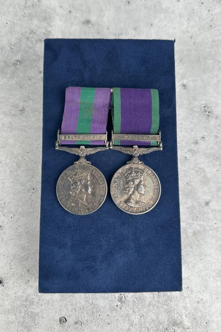 British General Service Medals: South Arabia, and Malaya ribbon bars. Named to D.F. Seaton Royal Air Force