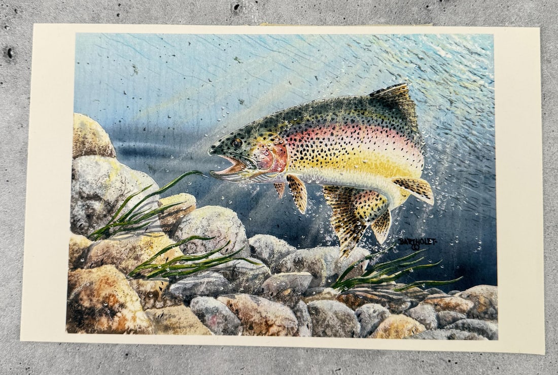 Dave Bartholet Rainbow Trout Print: Titled "River Runner". 8 1/2" by 5 1/4".