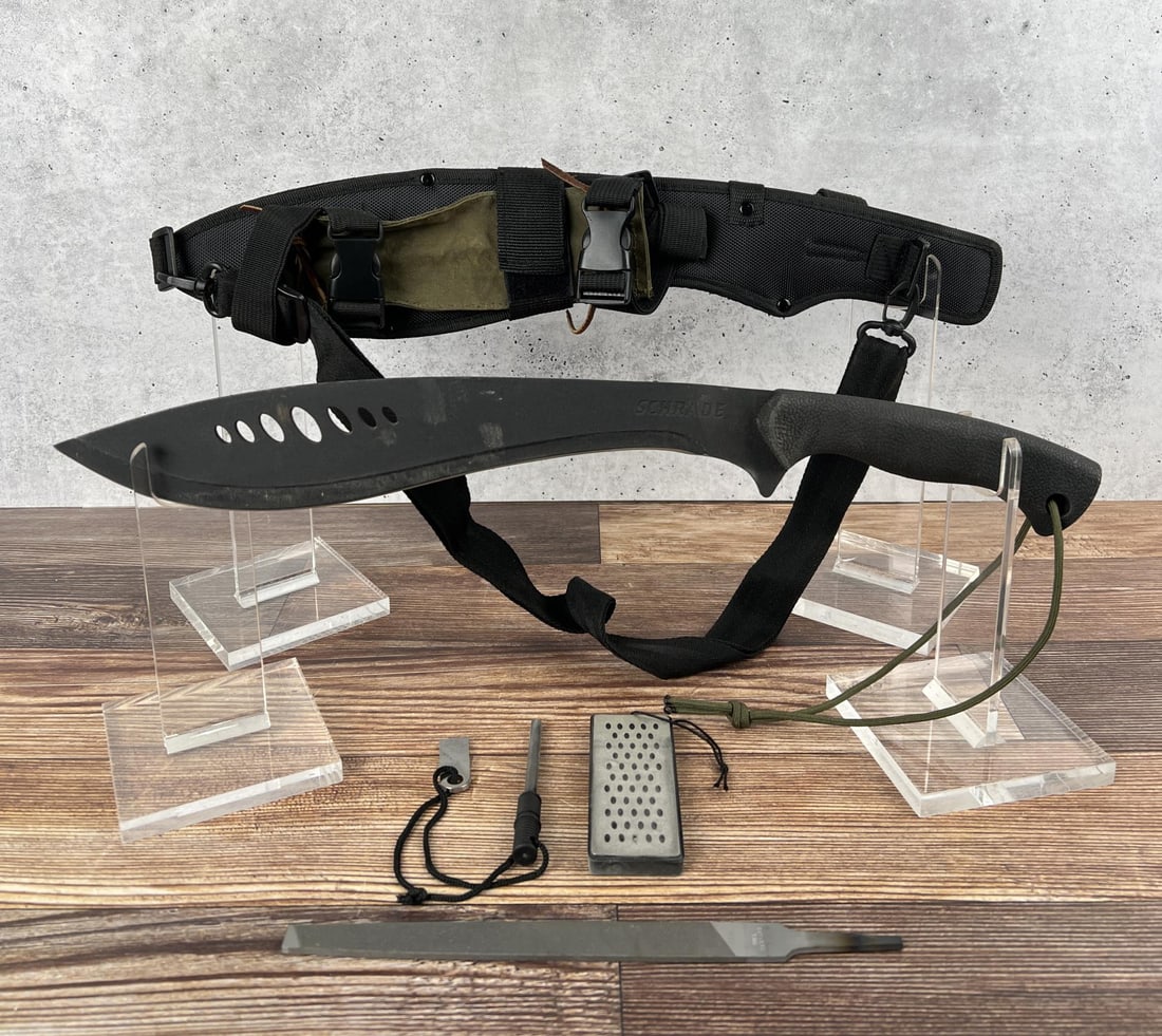 Schrade Model SCHKM1 Kukri Machete: Includes sheath, sharpener, and fire starter