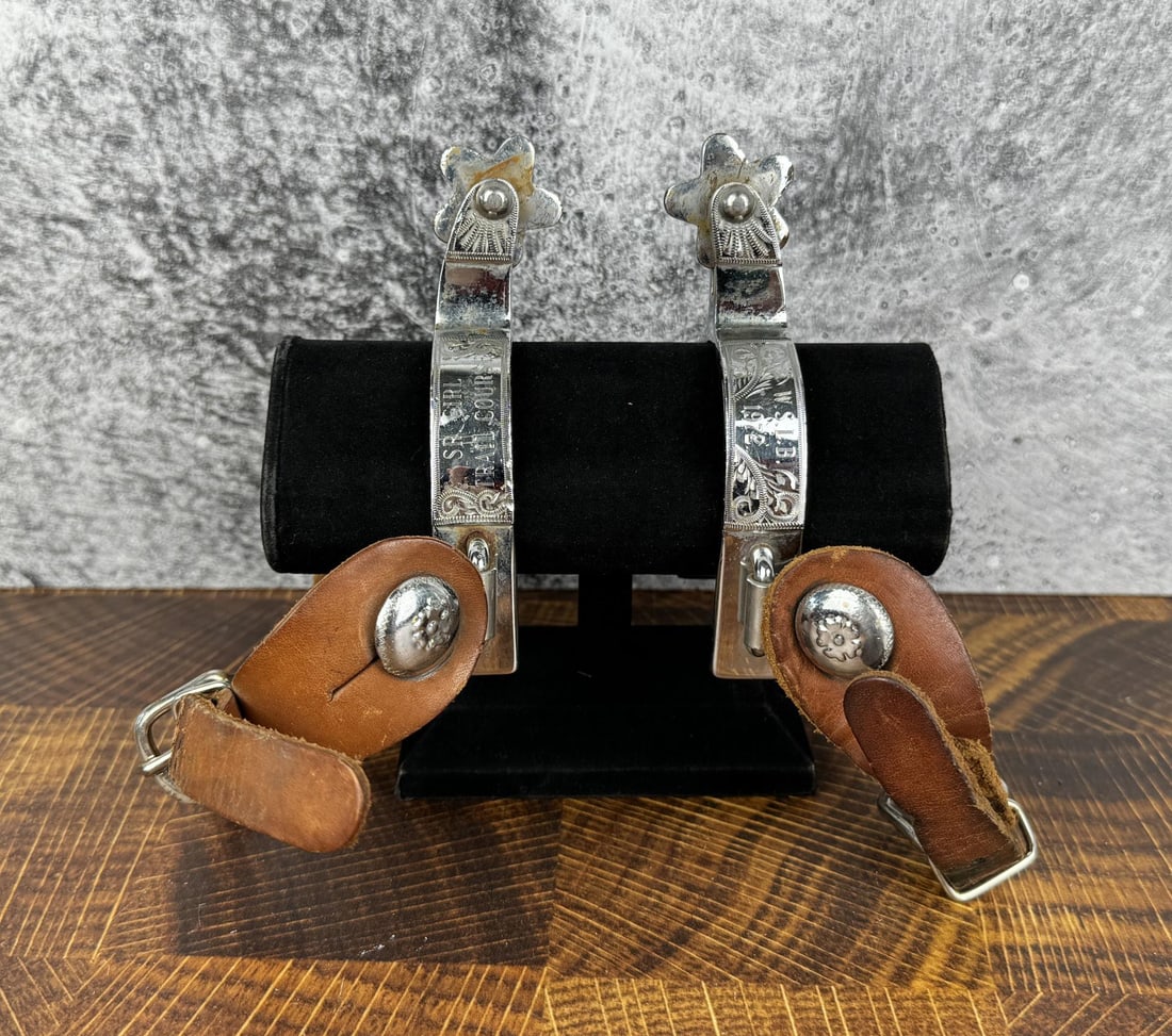 Crockett Renalde Montana Cowboy Spurs: Silver Overlay with presentation.