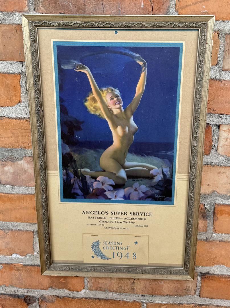 Gil Elvgren Gay Nymph Nude Calendar Ohio 1948: Wonderful unused calendar. 1948. Artist is Gil Elvgren, work is Gay Nymph. 11" by 18.25" framed.