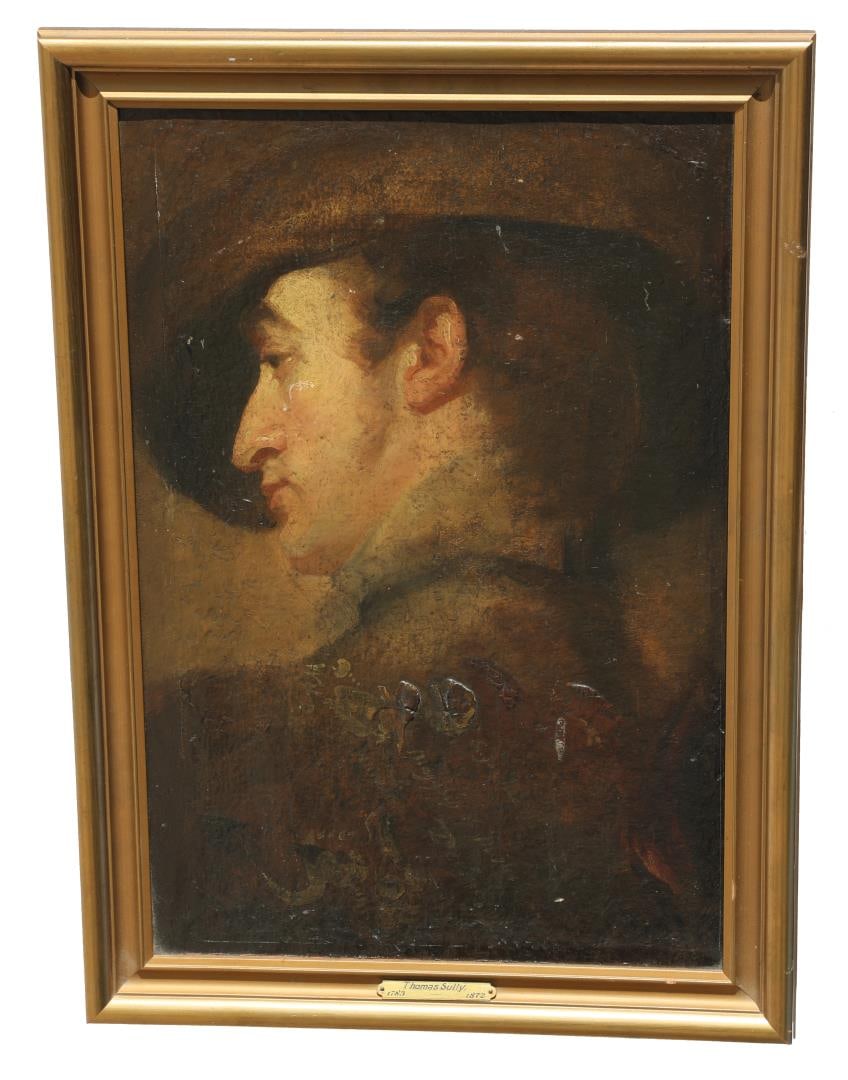 Thomas Sully Portrait of George Frederick Cooke: Title is Portrait of George Frederick Cooke as Richard III. Oil on Canvas. Original frame with documentation on the back, written by fellow Portrait Artist and Collector Albert Rosenthal. Letter state