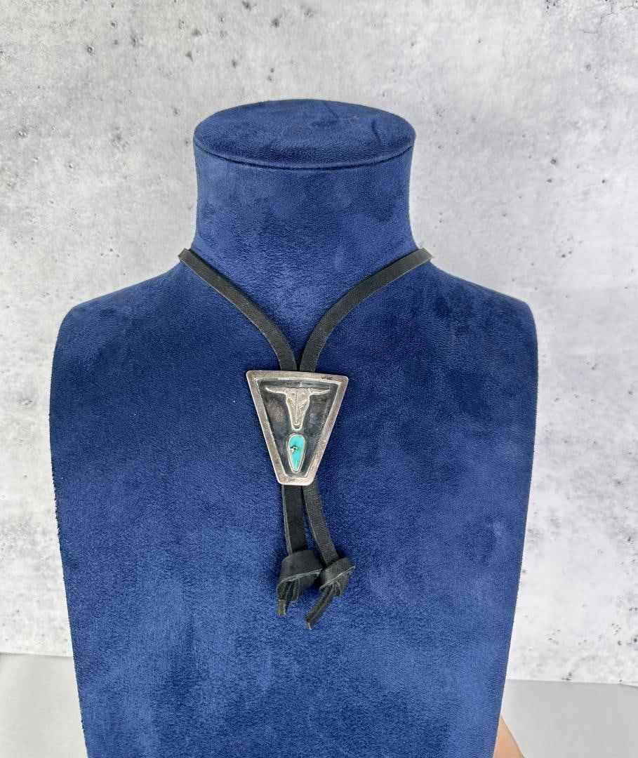 Sterling Silver Navajo Turquoise Bolo Tie: 17 1/2" long. Norman Sandfield Collection Inv: B1741